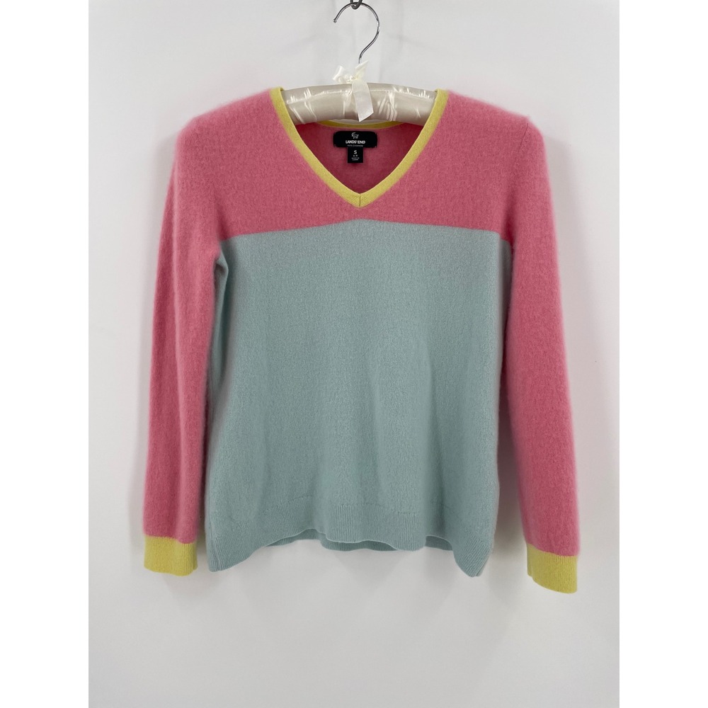Lands End Womens S 100% Cashmere Colorblock V Neck Sweater Pink Aqua Yellow